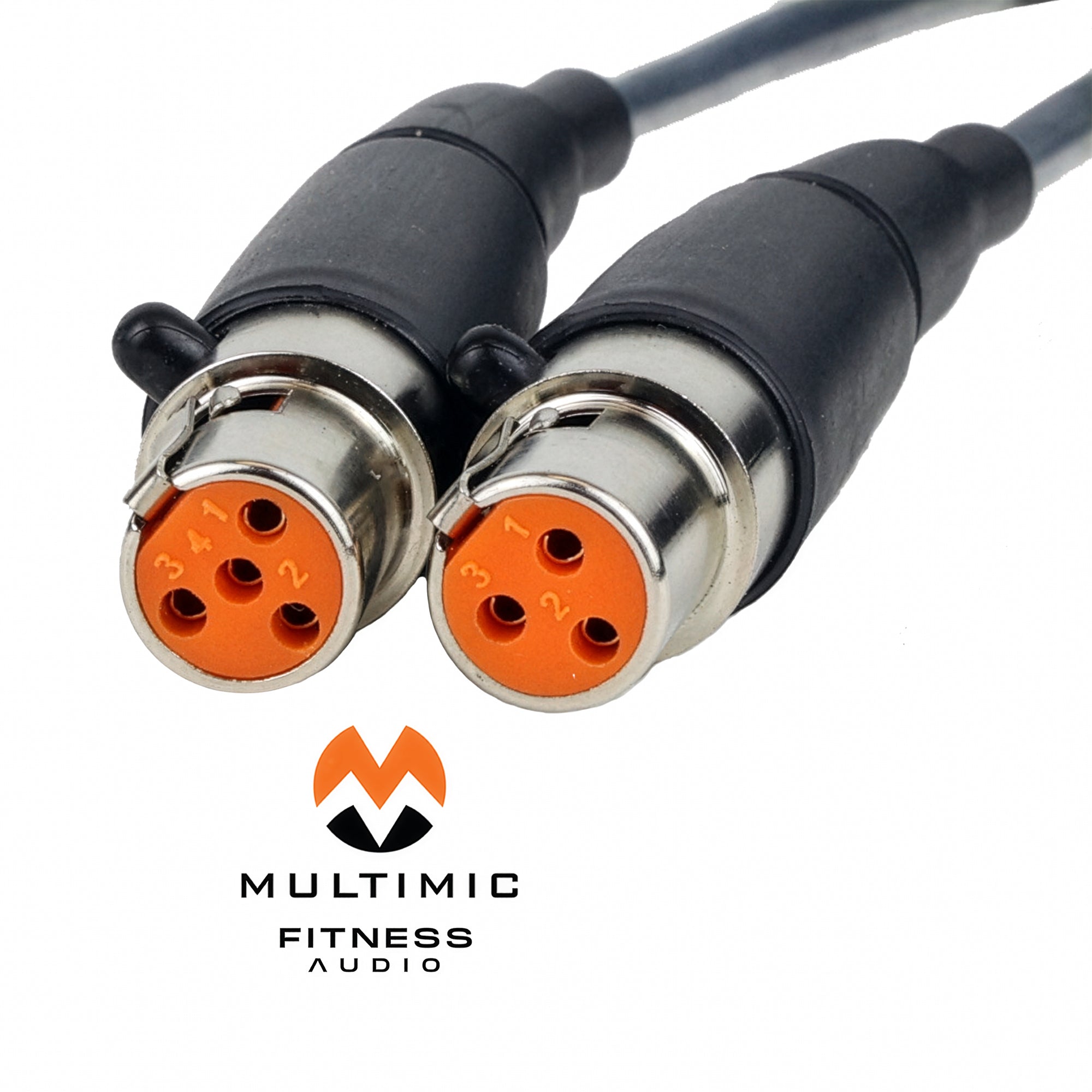 Two Multimic connectors with orange accents on a white background, featuring the Multimic Fitness Audio logo.