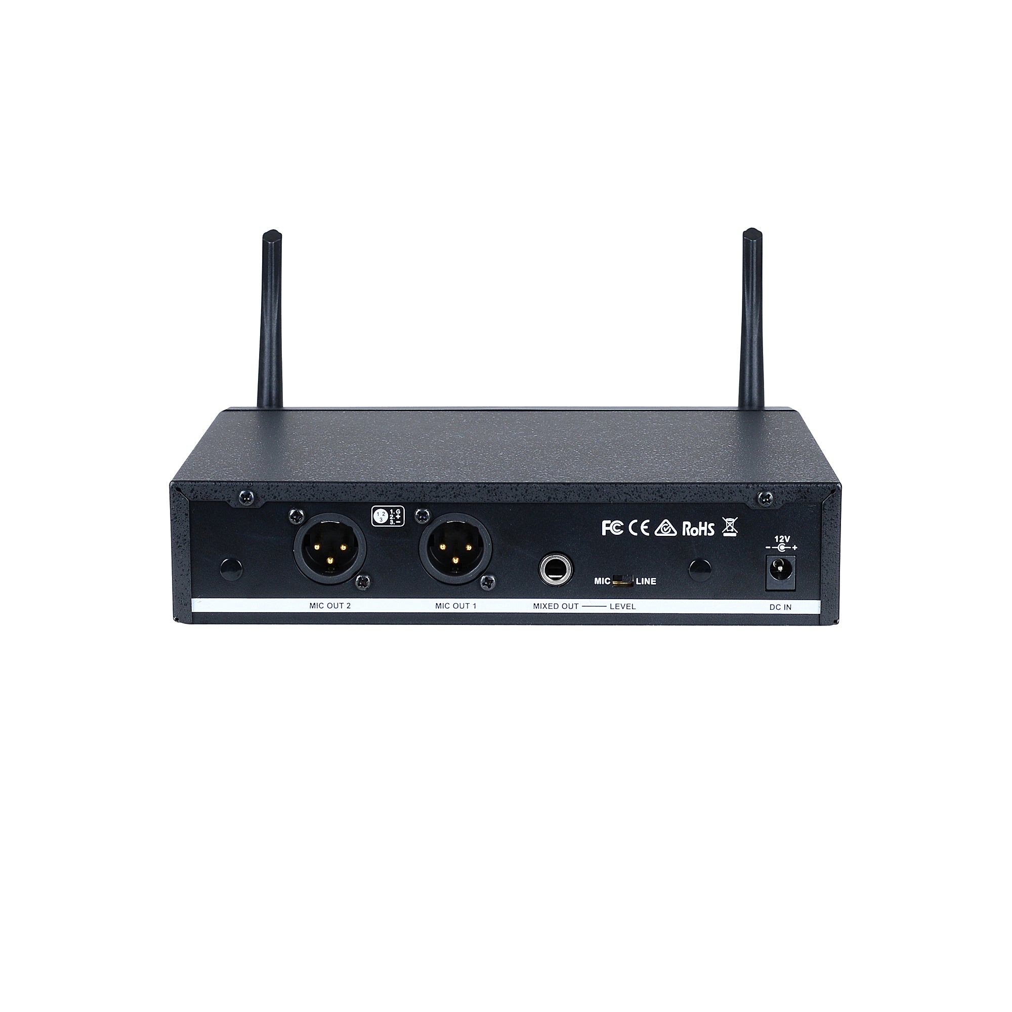 Back view of the black Fitness Audio DX6 receiver with multiple connecting points, two antennas on the front, and on a white background.