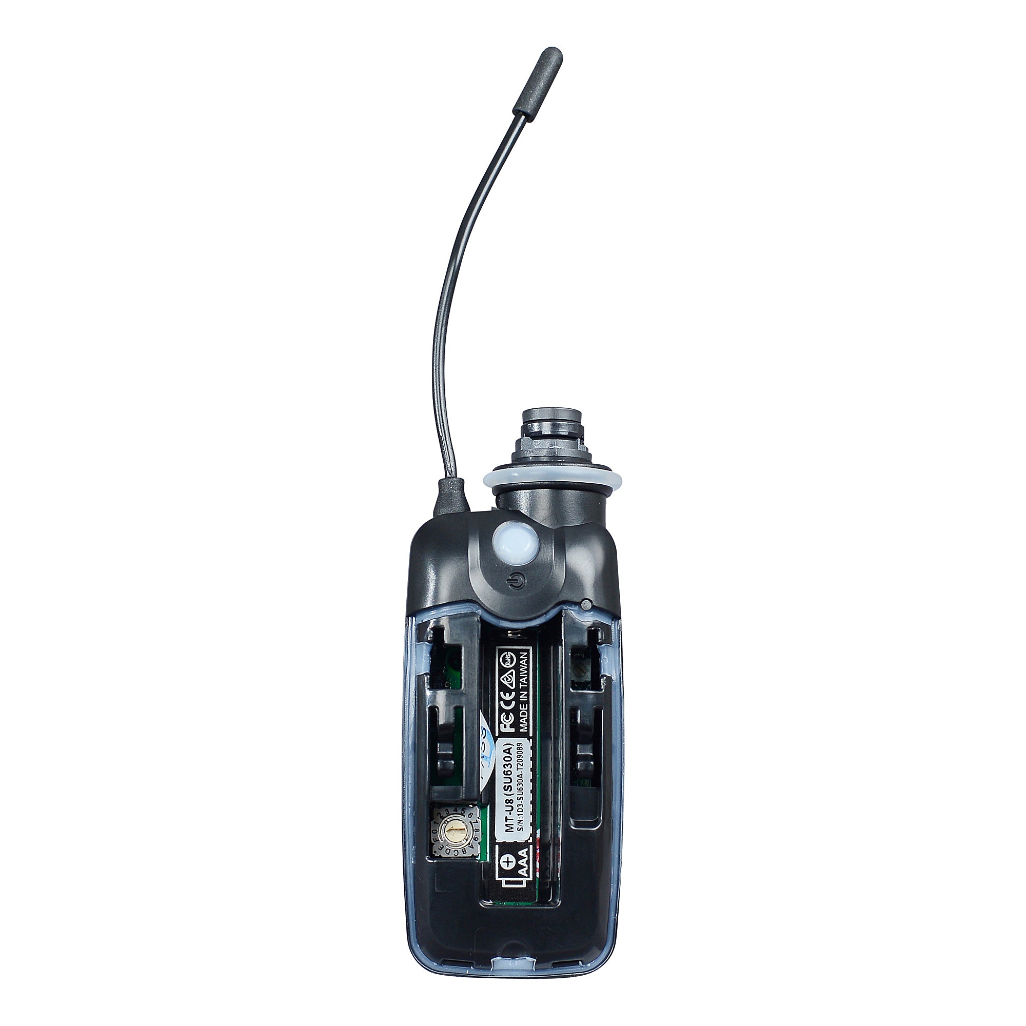 Black MTU8 Fitness Audio transmitter with open case showing the channel adjustment, and SKU showing.