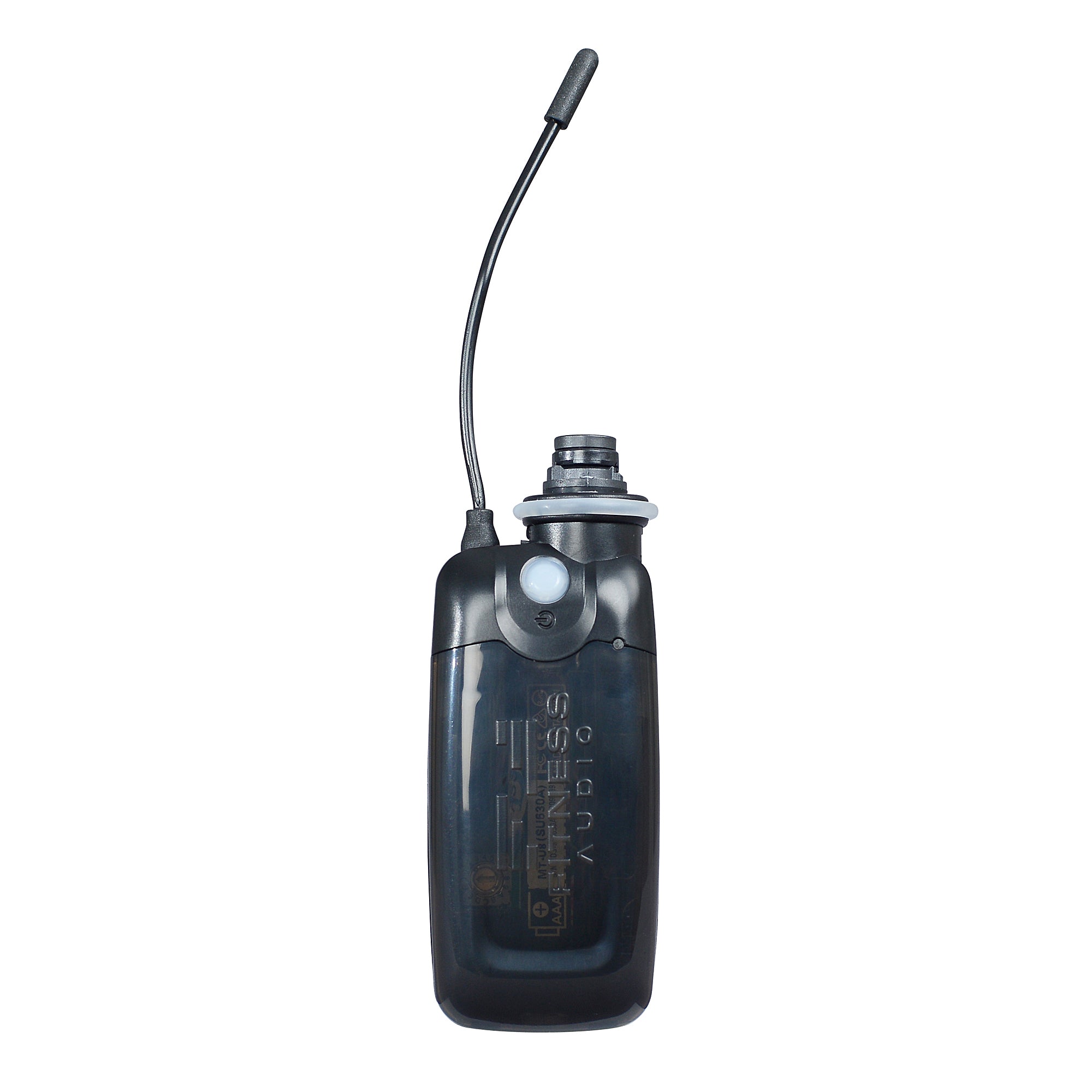 The black Fitness Audio MTU8 transmitter, featuring a compact rectangular body, a small button on the front, and a short flexible antenna.