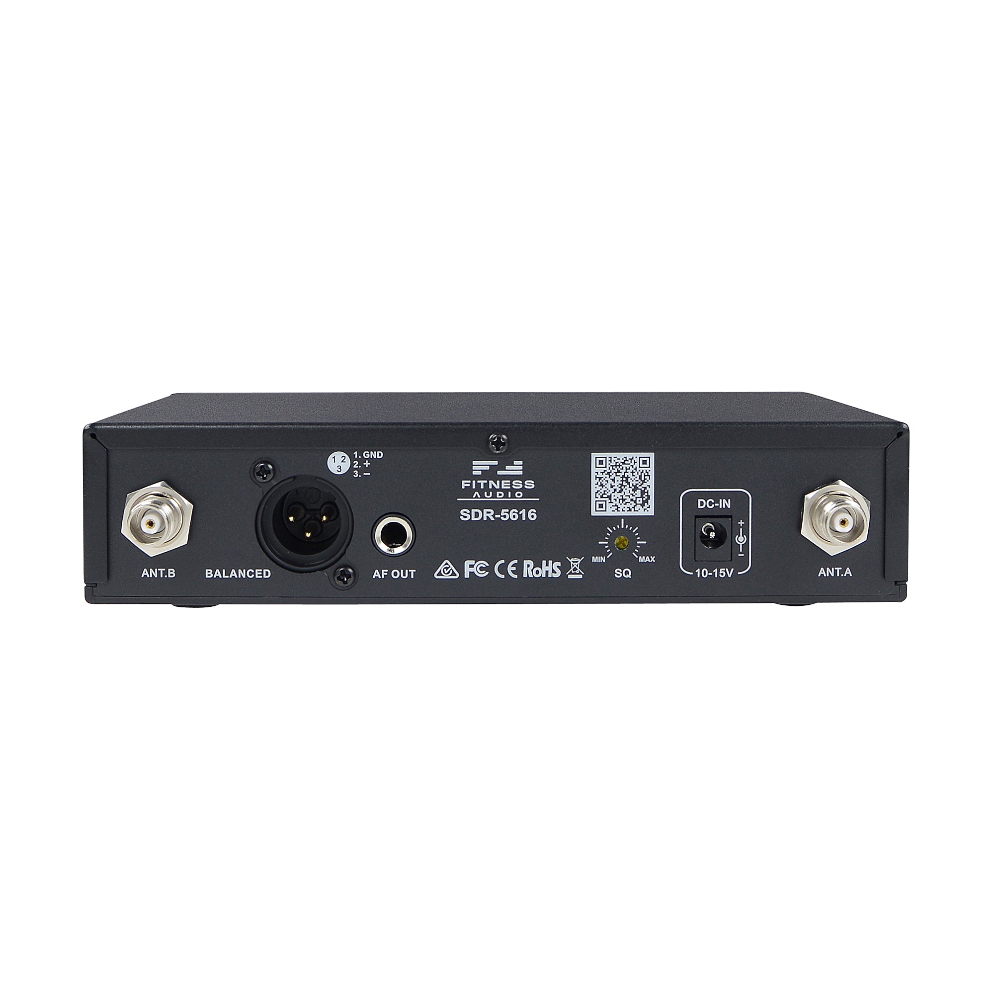 Back view of black Fitness Audio U-Series Receiver featuring two antenna inputs, in and outputs, and min/max SQ.