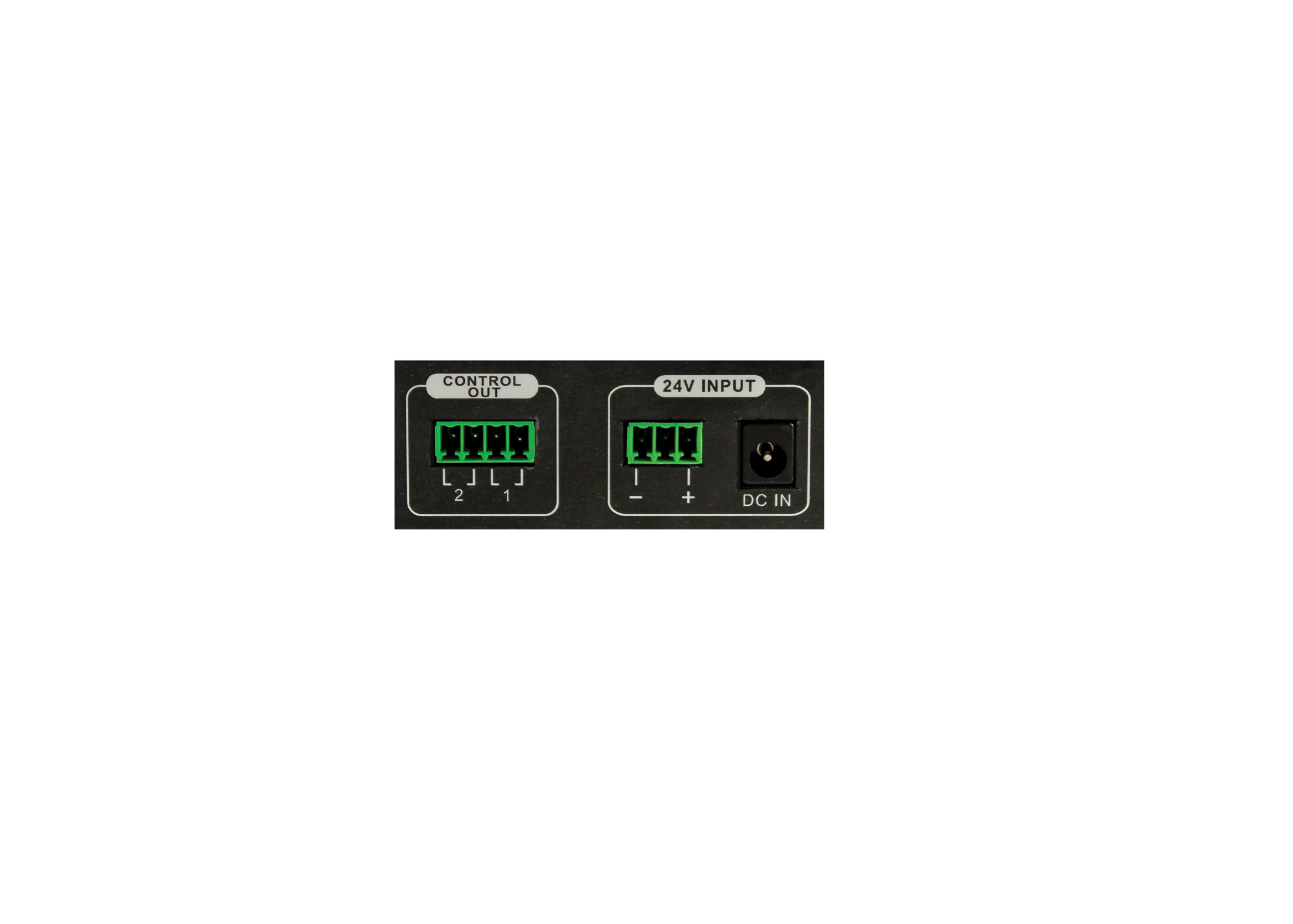 The bottom panel of the Fitness Audio Trigger, displaying the 2 control outs, and a 24V input.