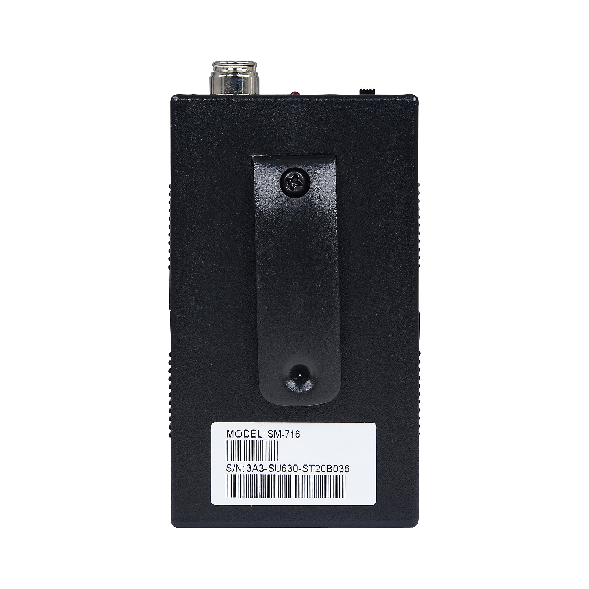 Back of the SM716 UHF 16-channel fitness bodypack transmitter with T4 connector