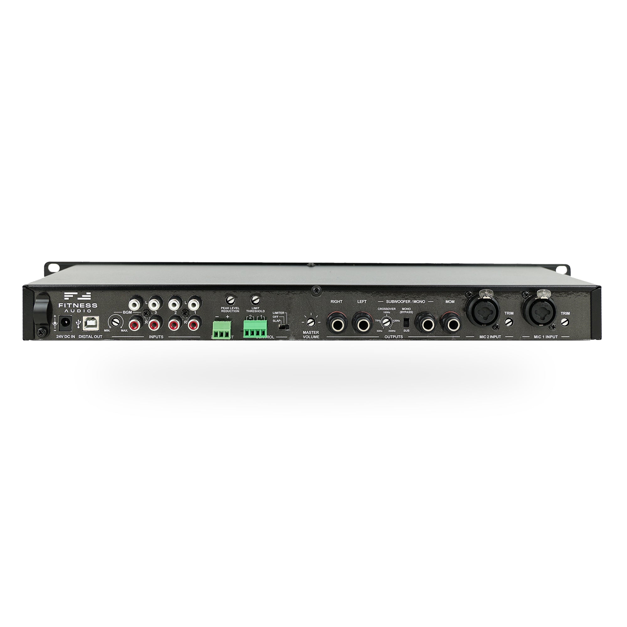 Back panel of Aeromix 3+5LS fitness studio mixer with USB streaming output