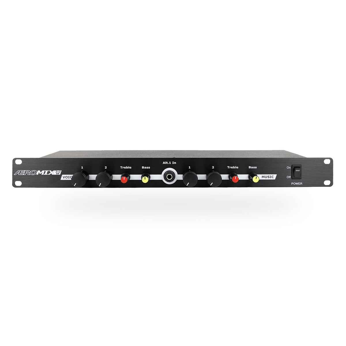 Aeromix 2+2SR fitness studio mixer, front panel with dual mic inputs