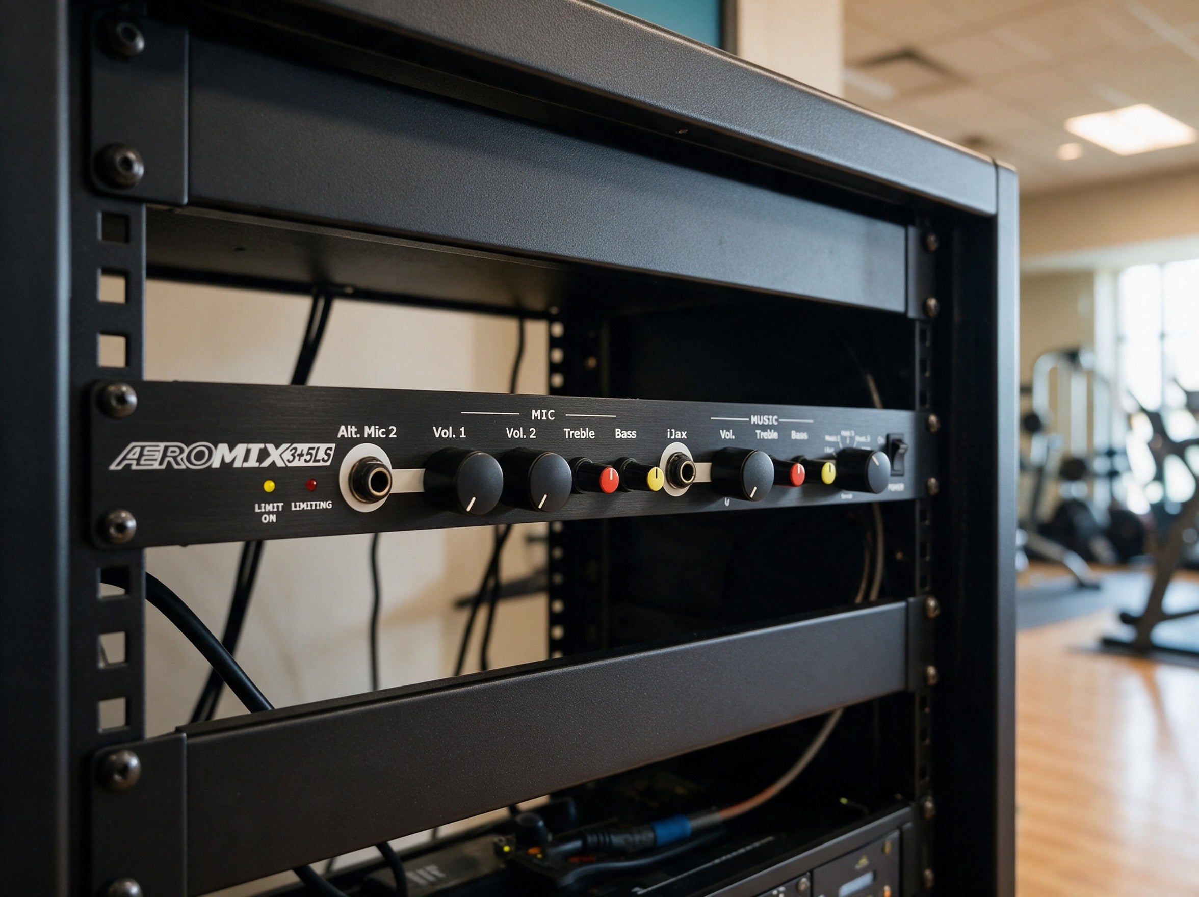 Aeromix 3+5LS fitness studio mixer installed in a black equipment rack next to a gym floor