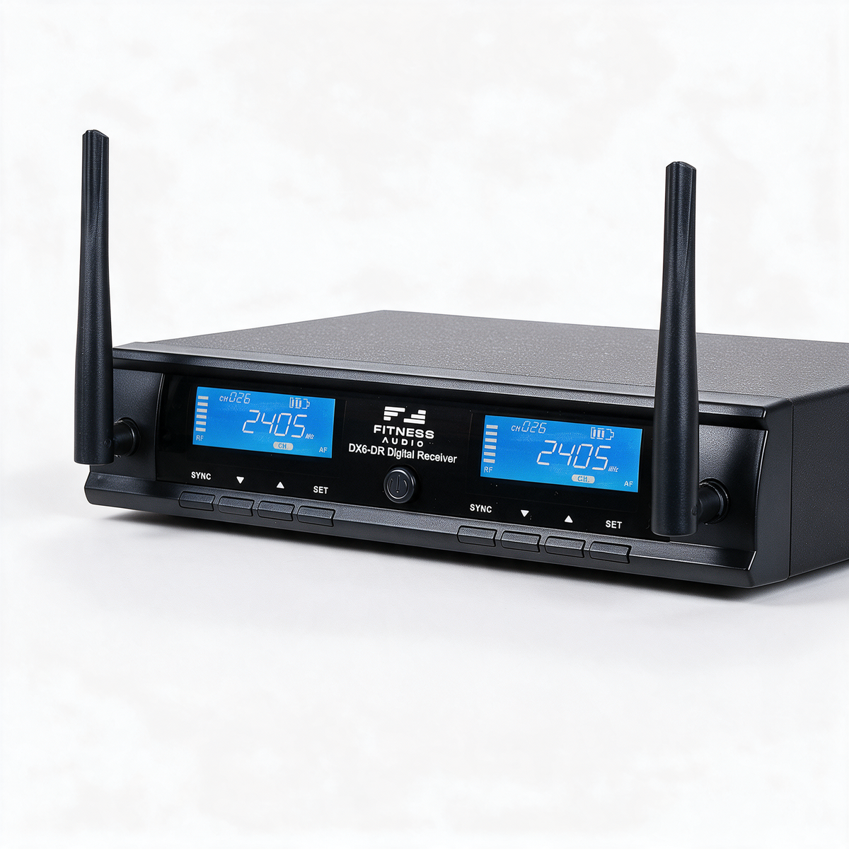 Front of the DX6-R dual-channel receiver showing both channel displays reading 2405 MHz