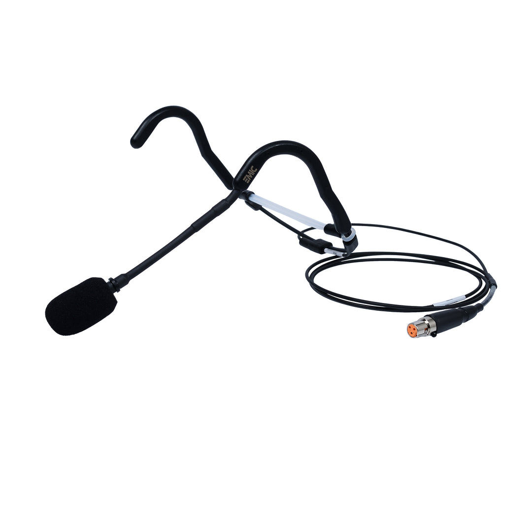 Black headset microphone with cable on a white background