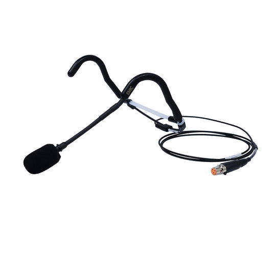 Black headset microphone with cable on a white background