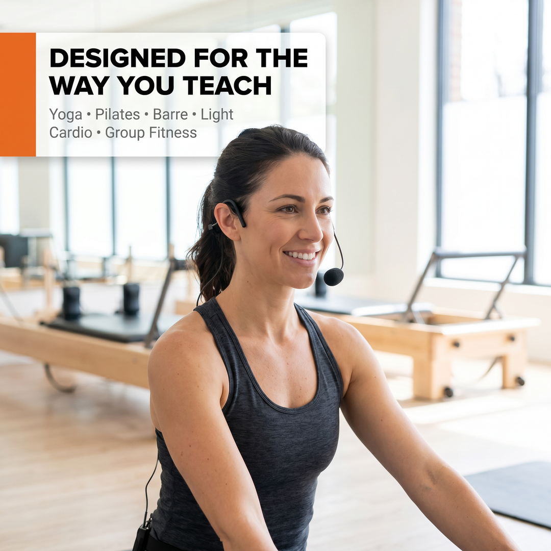 Instructor wearing an FM41 designed for the way you teach: yoga, pilates, barre, light cardio, and group fitness
