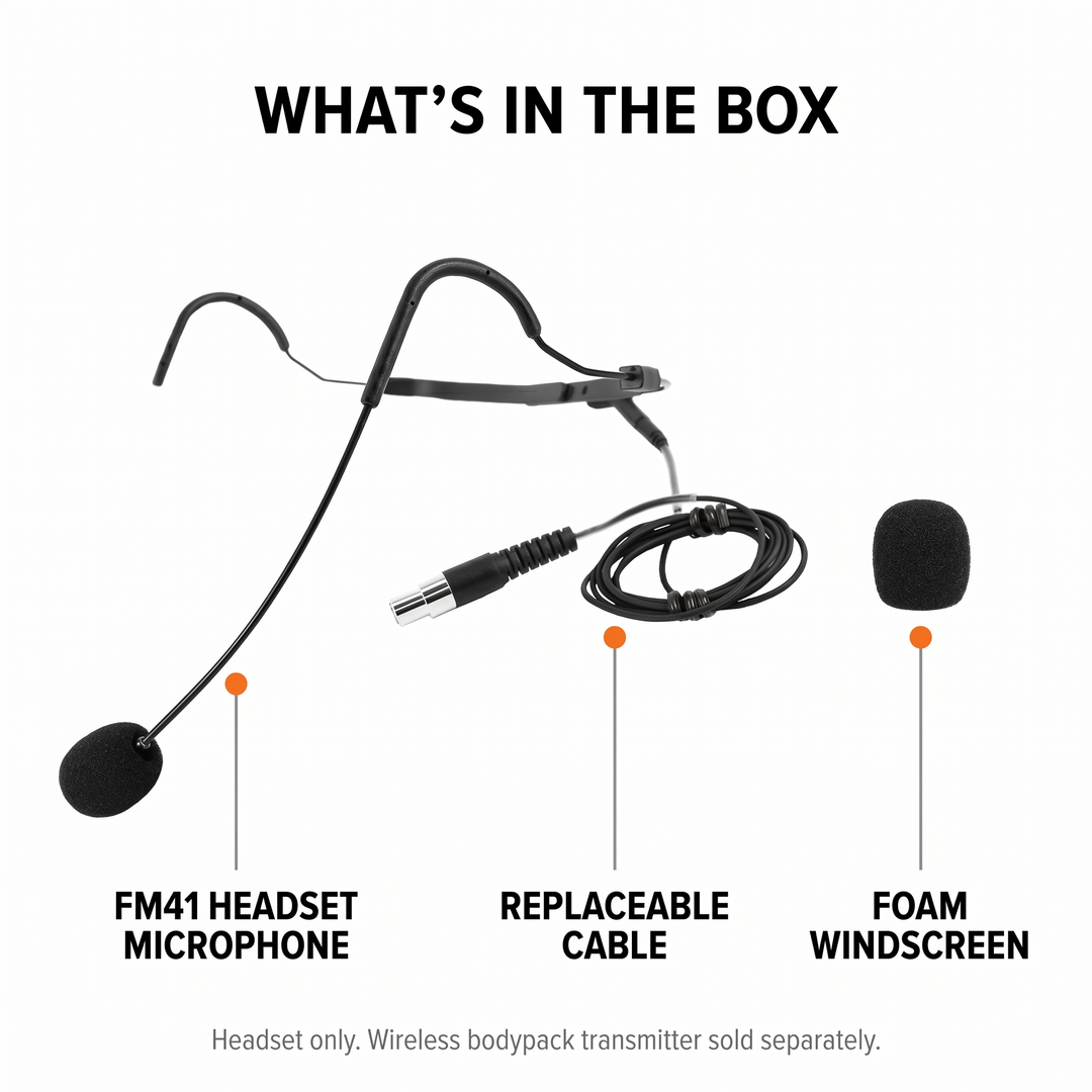 Diagram of FM41 headset microphone components including cable and foam windscreen on a white background.