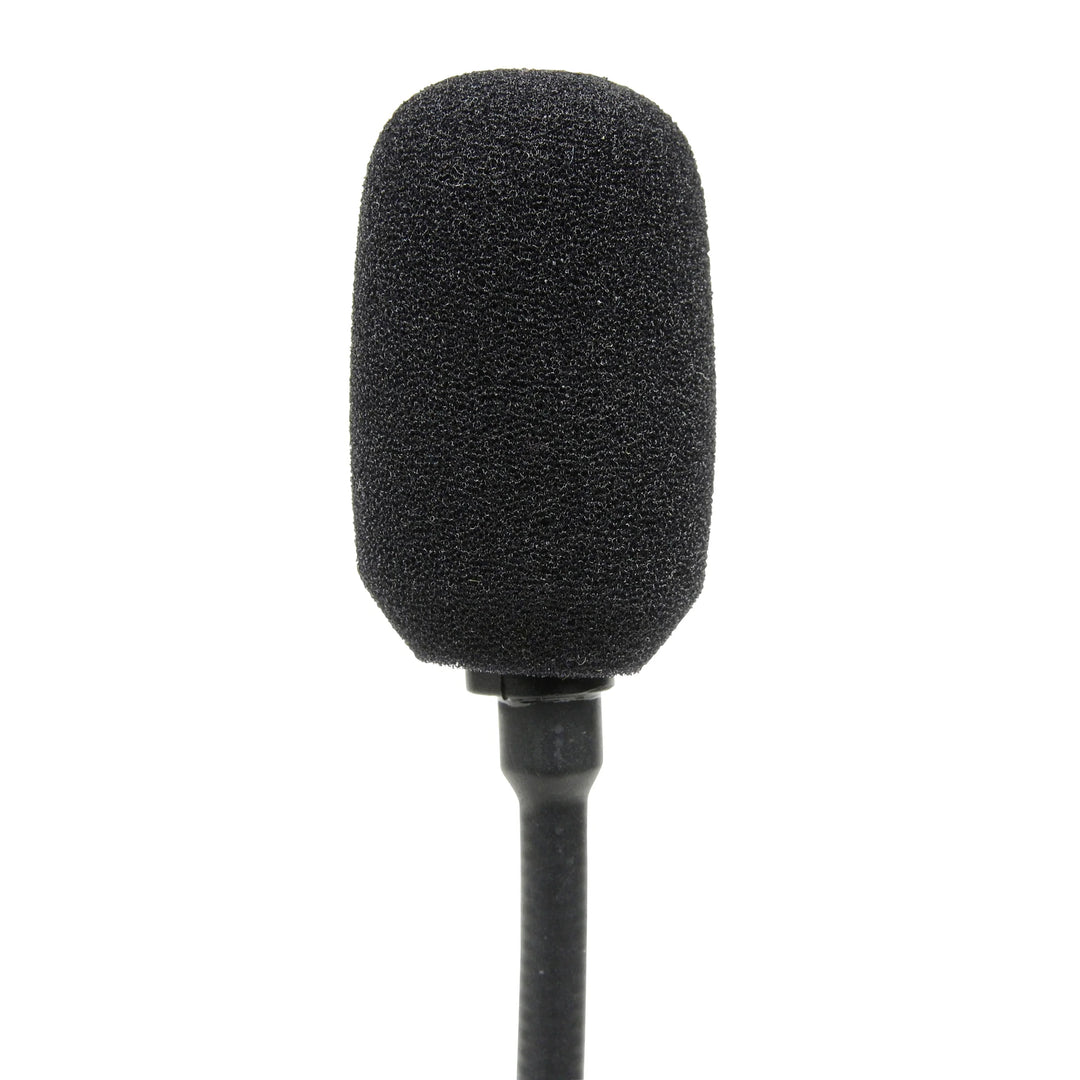 A black oval foam windscreen covering a microphone on the end of the boom arm of a headset.