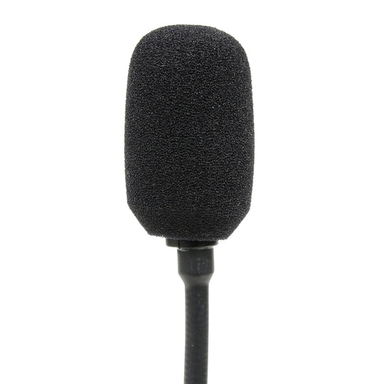 A black oval foam windscreen covering a microphone on the end of the boom arm of a headset.