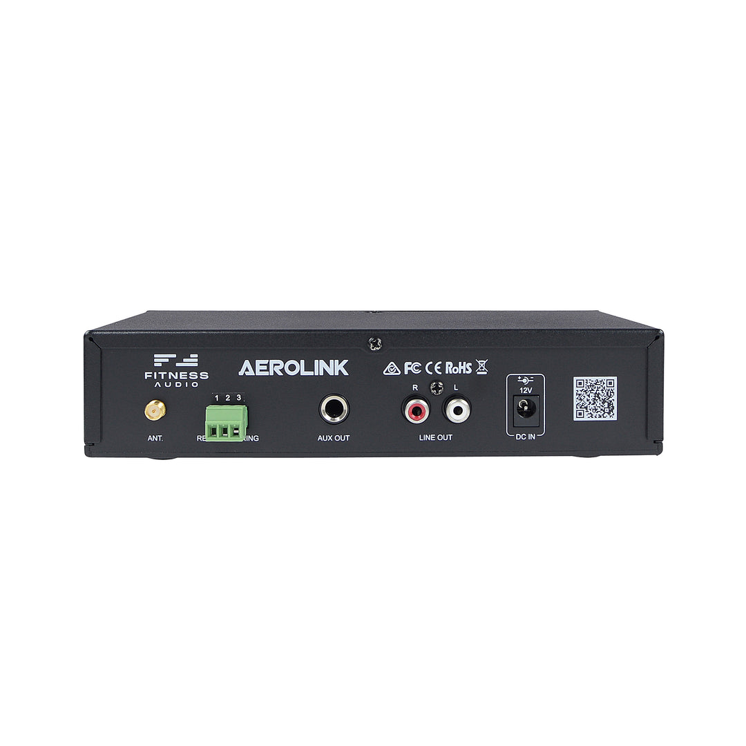 The back panel of the black Fitness Audio Bluetooth Aerolink, featuring clearly labeled ports for power, aux out, line out, and an antenna