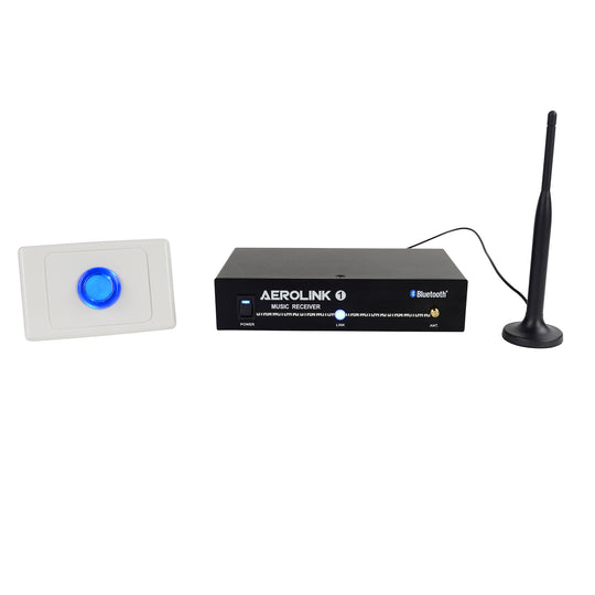 The complete Fitness Audio Aerolink Bundle, showing all included components: the black Aerolink music receiver, an antenna, and blue pairing wall button light.
