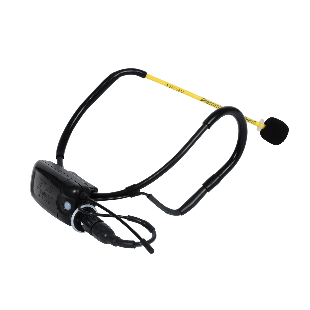The yellow Fitness Audio Cyclemic headset microphone with the black MTU8 mini transmitter attached to it, displayed from the back.