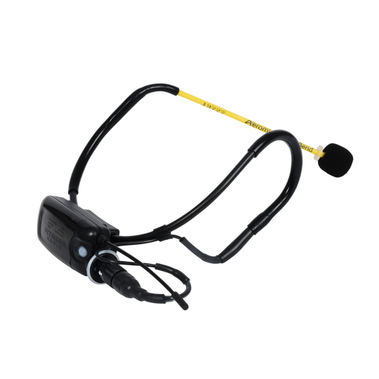 The yellow Fitness Audio Cyclemic headset microphone with the black MTU8 mini transmitter attached to it, displayed from the back.