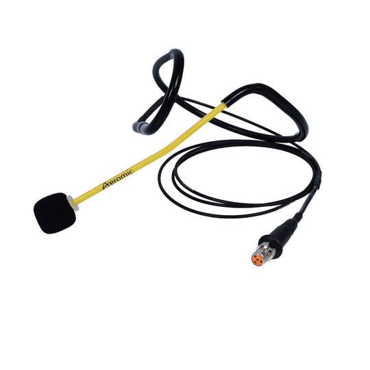 The yellow Fitness Audio Aeromic headset microphone with T4 multimic cable on a white background.