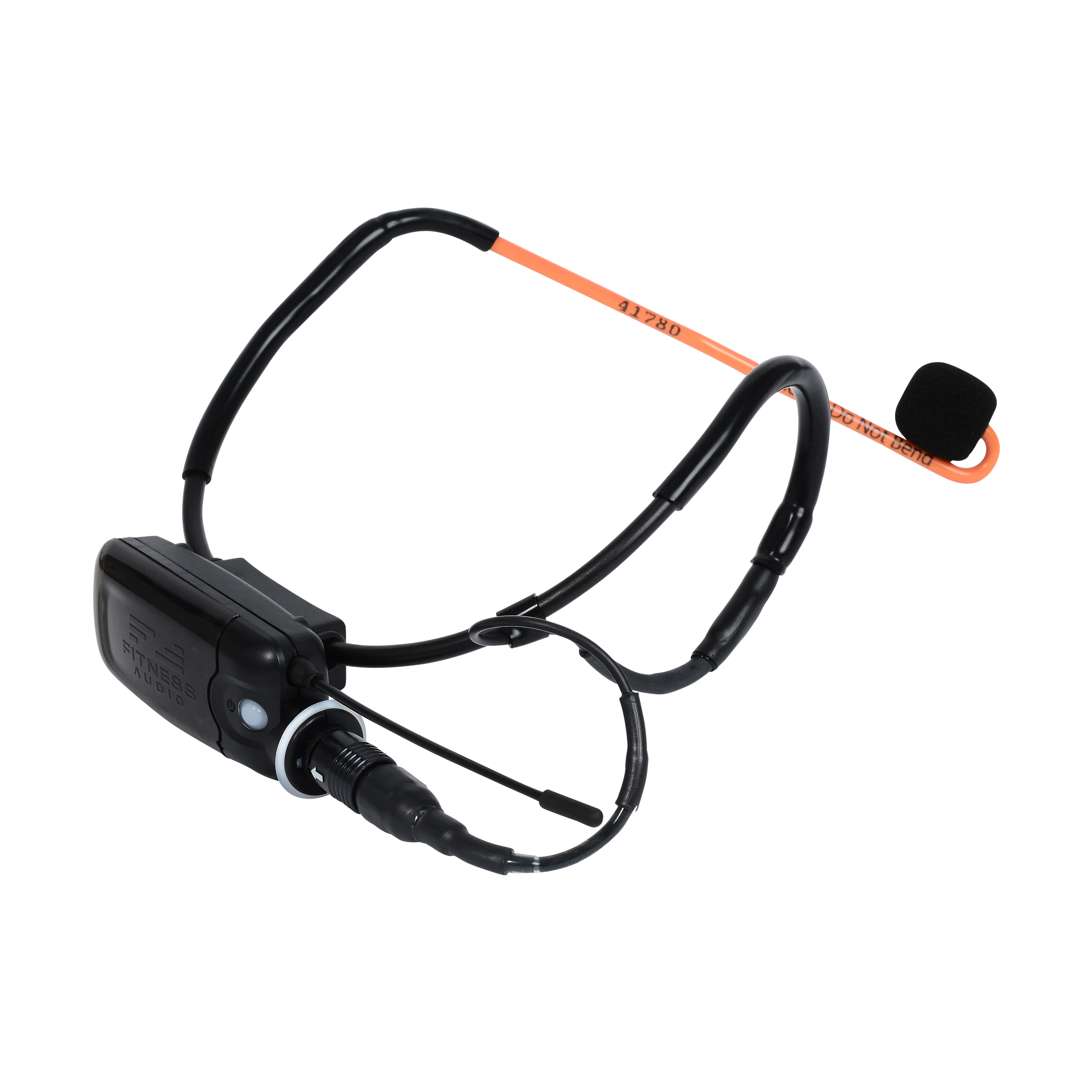 The orange Fitness Audio Cyclemic headset microphone with the black MTU8 mini transmitter attached to it, displayed from the back.