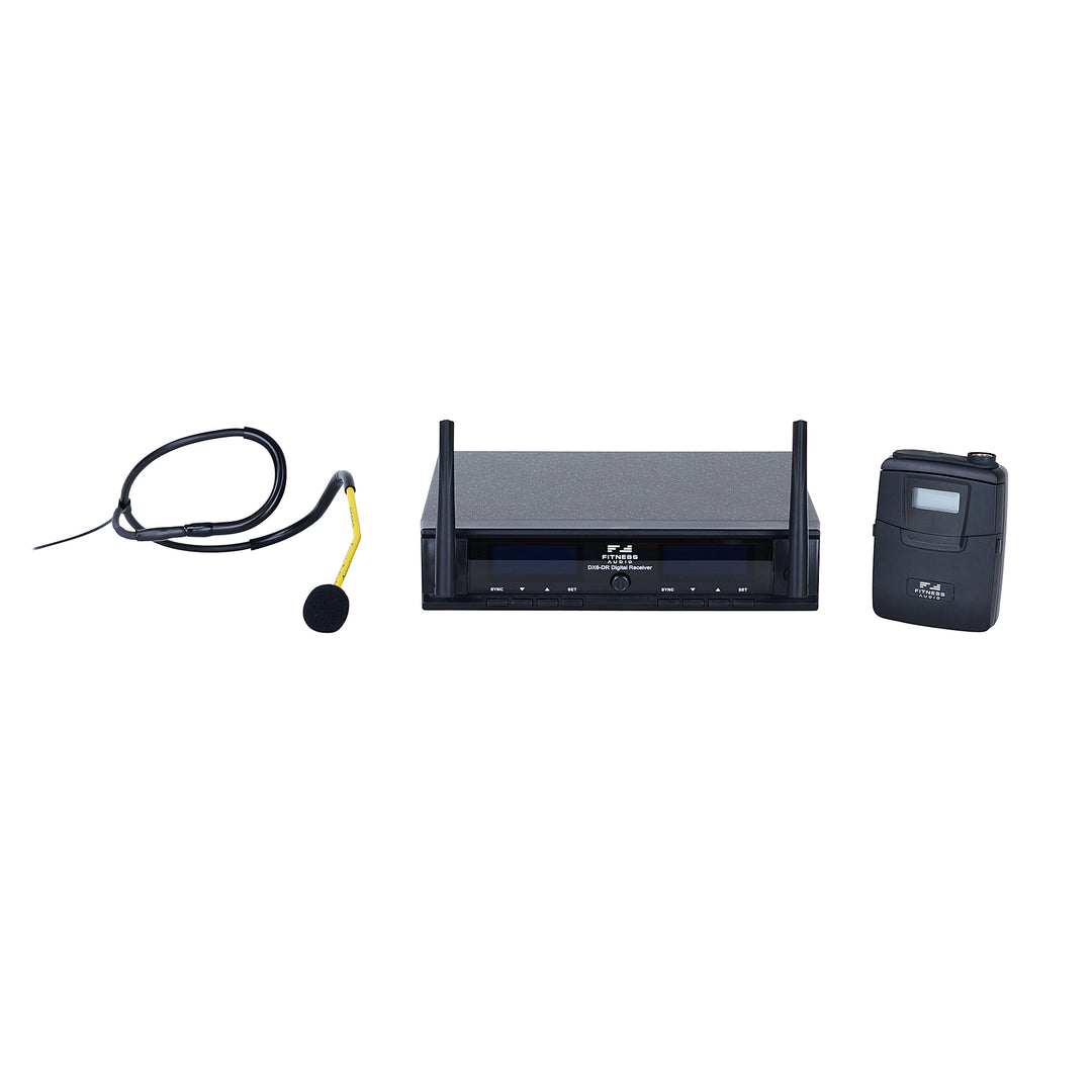 The DX6 Wireless microphone system with black DX6 receiver and transmitter, and yellow Aeromic on a white background.
