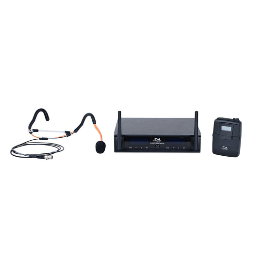 The DX6 Wireless microphone system with black DX6 receiver and transmitter, and orange EMic on a white background.