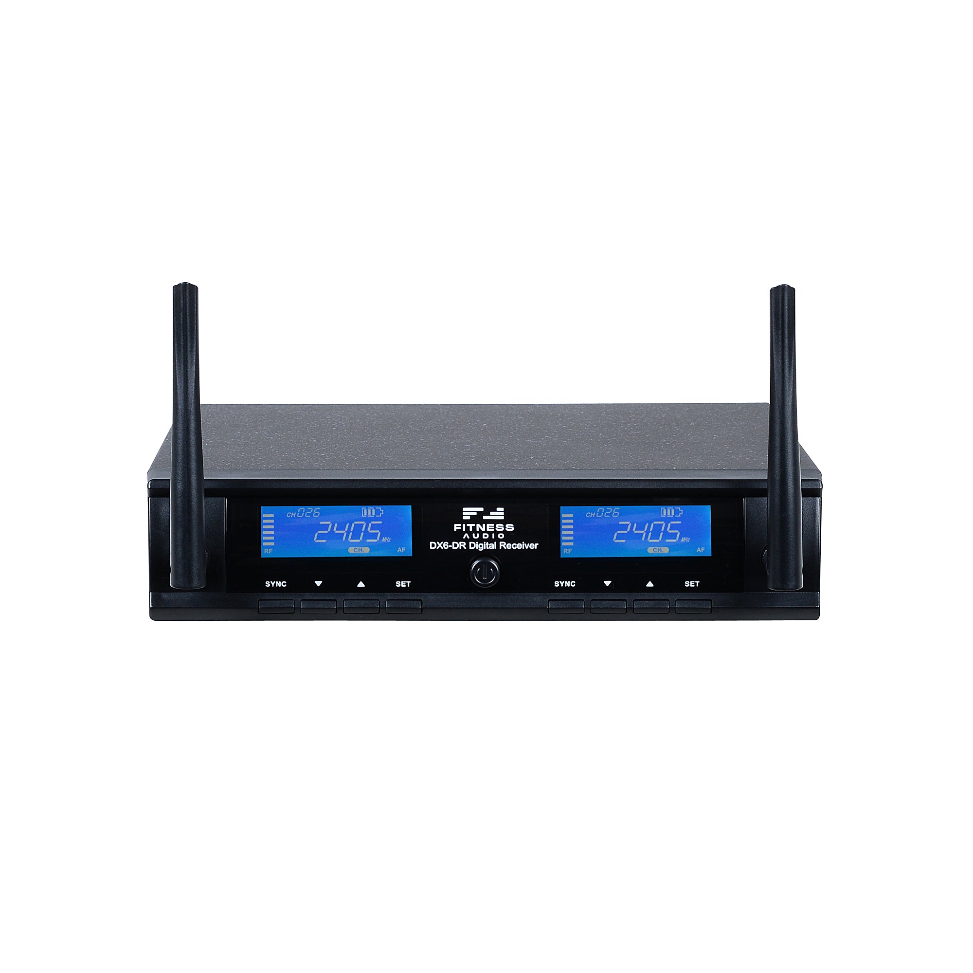 A black, rectangular Fitness Audio DX6 Receiver shown from the front. It features two upright antennas, two small LED screens, and a series of channel control buttons.