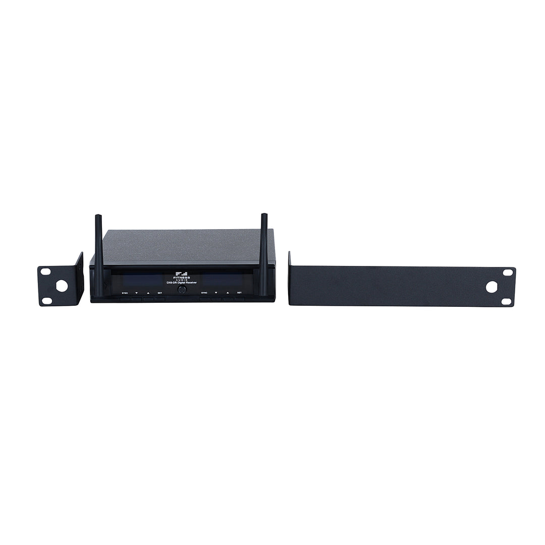 The black DX6 Receiver by Fitness Audio with two front antenna mounted. Pictured next to a rectangular metal bracket used for to mount the receiver on rack mounts.