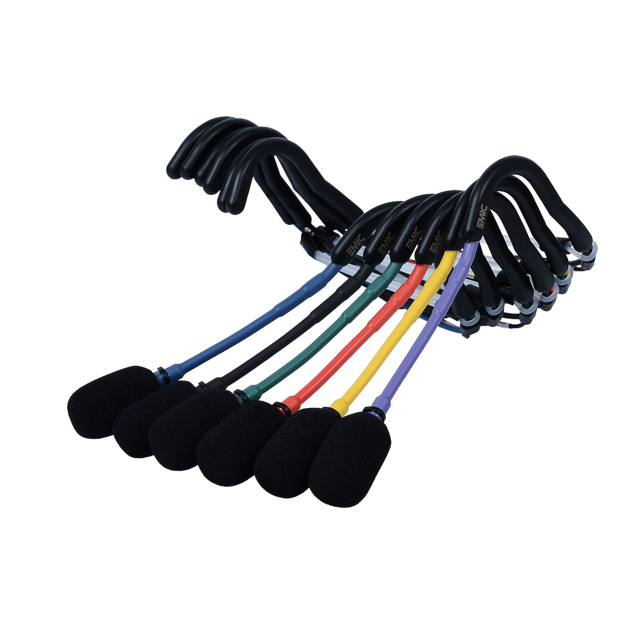 A row of six EMic headset microphones, each with a windscreen, showcasing the available color options: blue, black, green, red, yellow, and purple.