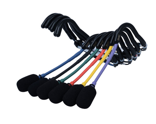 A row of six EMic headset microphones, each with a windscreen, showcasing the available color options: blue, black, green, red, yellow, and purple.