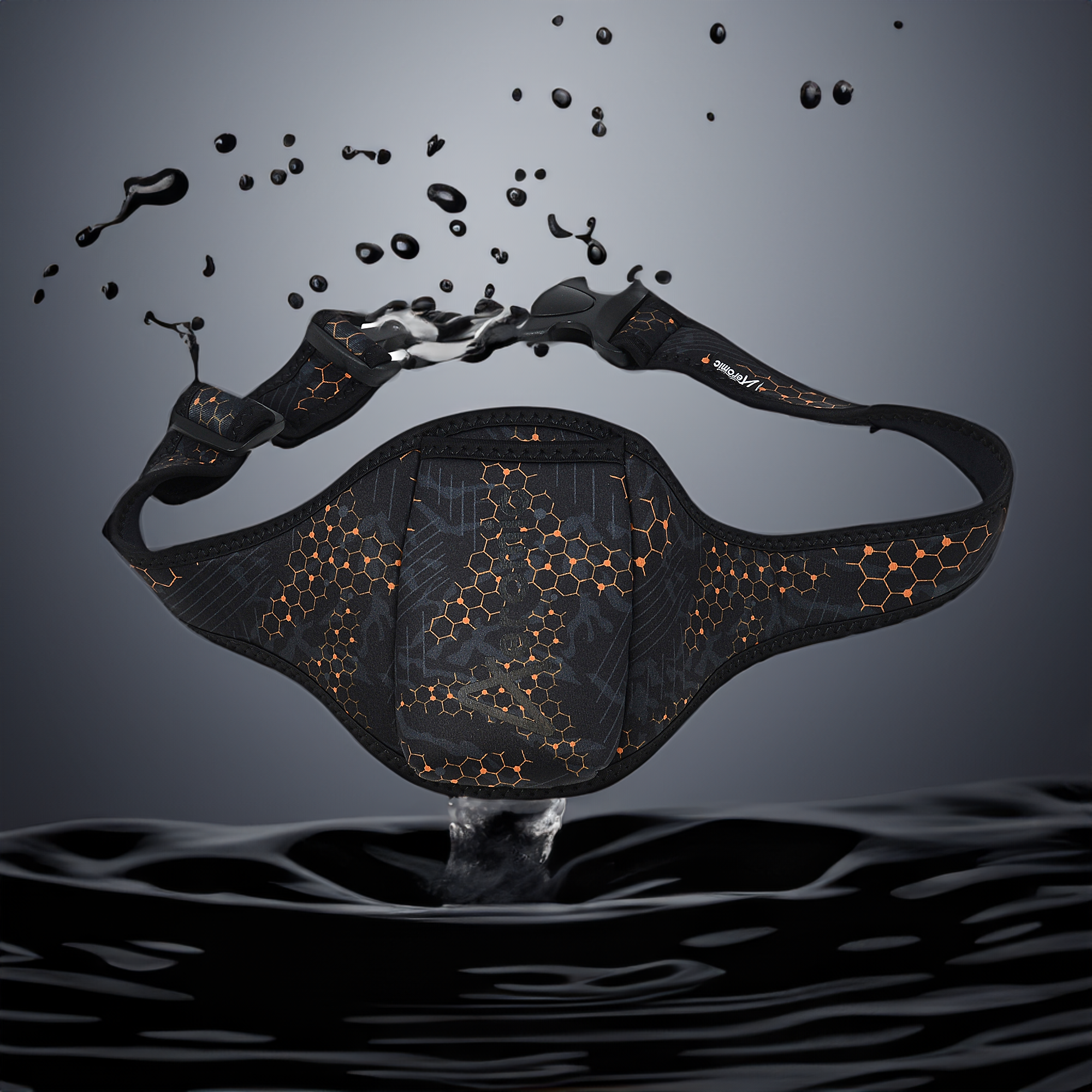Black pouchbelt with hexagonal pattern and Aeromic logo created for your waist emerging from water on a dark background.