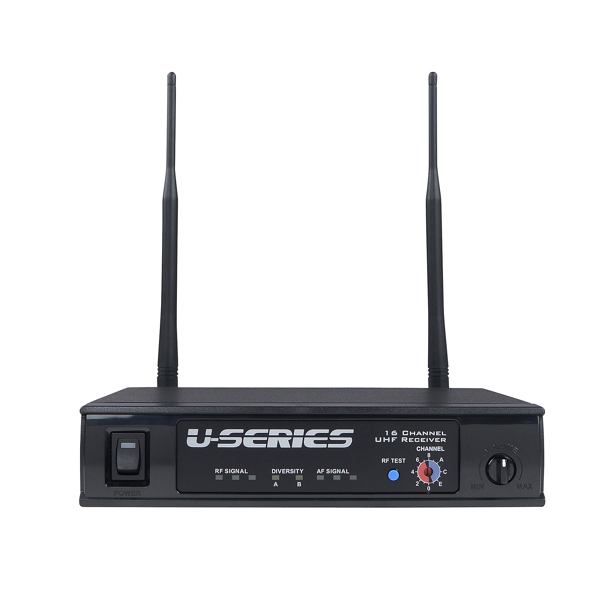 Black Fitness Audio U-Series wireless microphone receiver with antennas displaying the signal LEDs, and channel adjustment.