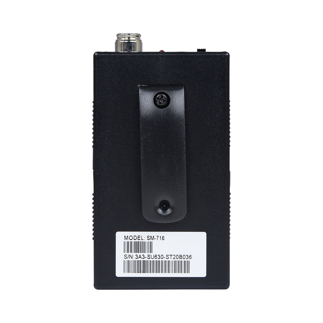 The Fitness Audio U-Series transmitter facing backwards to display the bar SKU and model number, as well as the belt clip. 