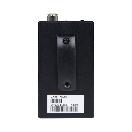 The Fitness Audio U-Series transmitter facing backwards to display the bar SKU and model number, as well as the belt clip. 