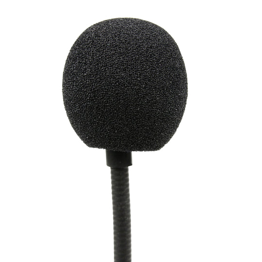 A black round foam windscreen covering a microphone on the end of the boom arm of a headset.