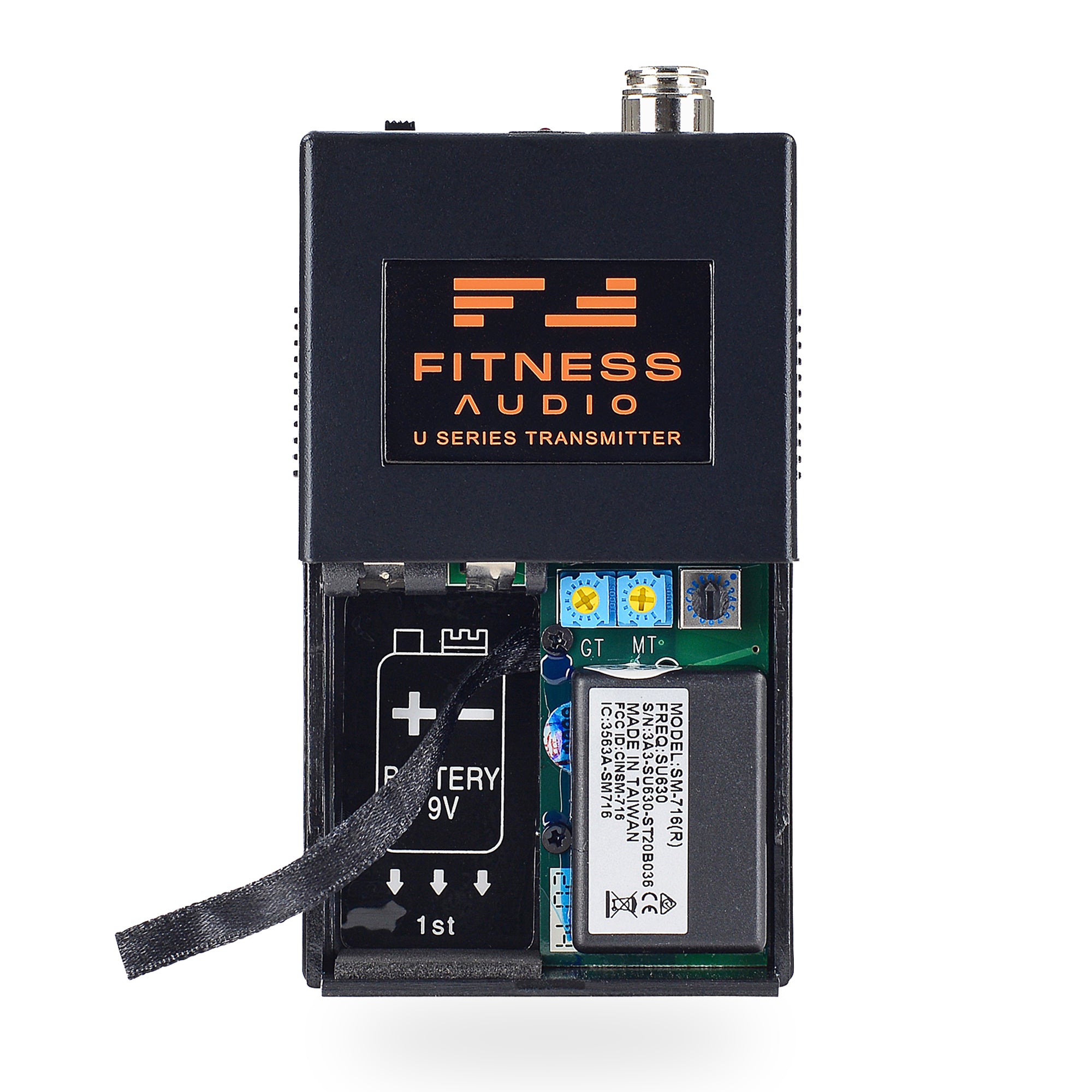 Open faced SM716 UHF 16-channel fitness bodypack transmitter with T4 connector